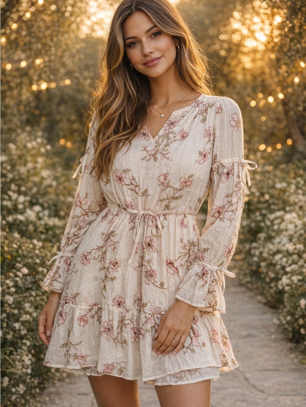 PAIGE Cream Floral Tie-Waist Long Sleeve Mini Dress